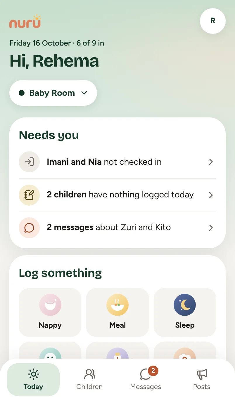 Rehema's app: what needs doing and buttons to log meals, naps and more