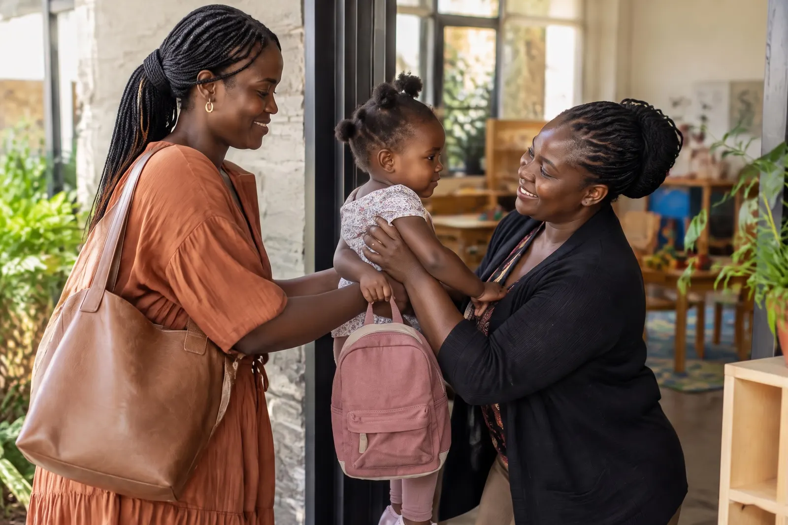 A mum handing her toddler to an educator at the nursery door