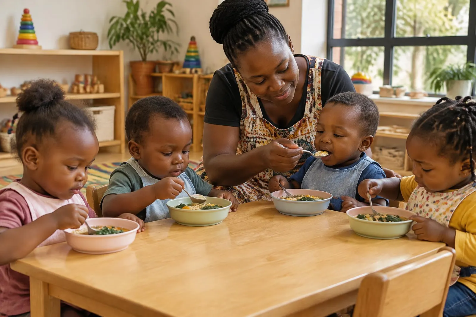 Toddlers eating lunch at a low table with their educator