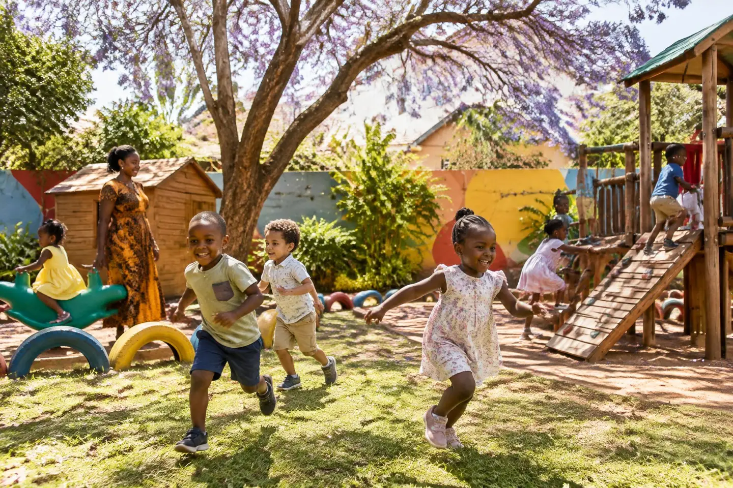 Children playing in a sunny nursery garden under a jacaranda tree