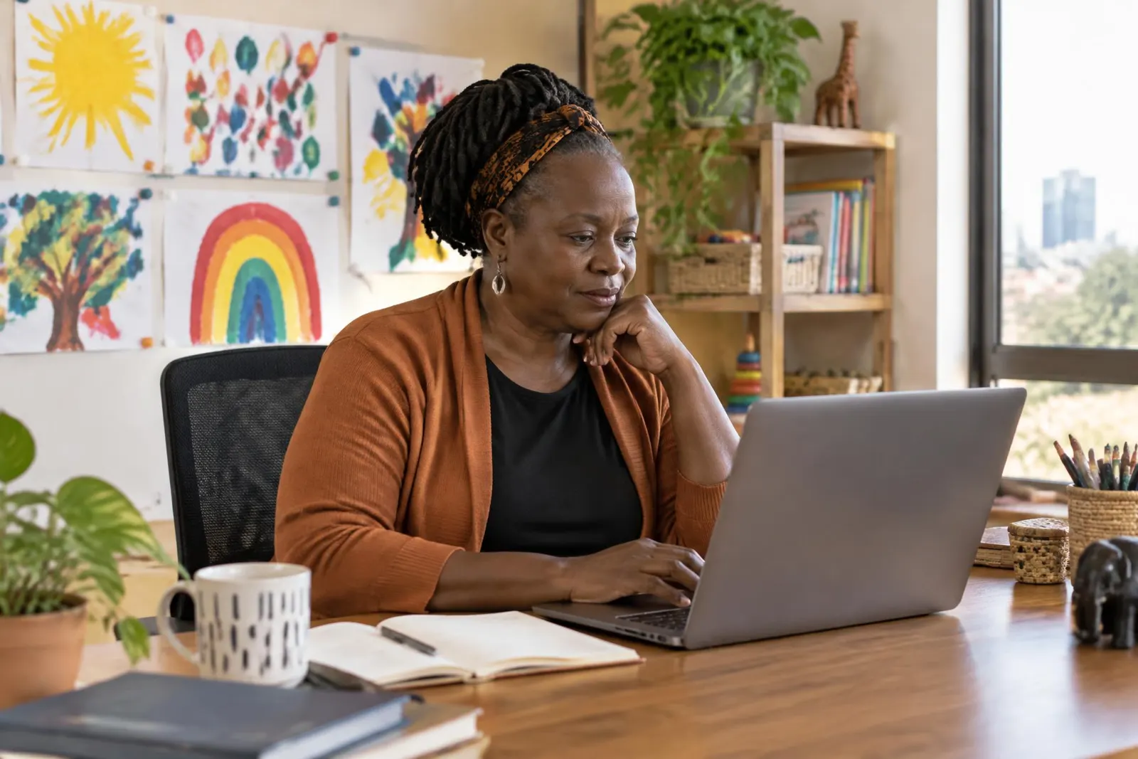 A nursery owner working at her laptop, children's paintings on the wall behind her