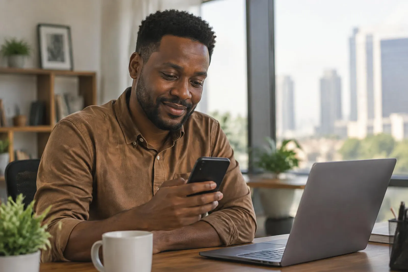 A dad at his desk smiling at his phone
